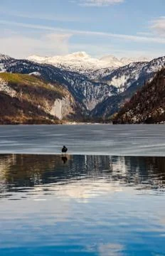 Clear Cold Landscape with blue sky at Grundlsee, Austria, winter, frozen lake Stock Photos