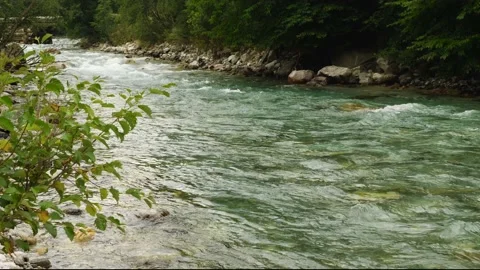 The clear, cold waters of a mountain river flow rapidly through rocky landscape Vidéo 237419230