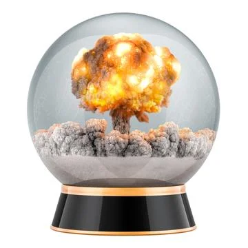Clear Crystal Ball with Atom Bomb Explosion. 3D rendering Stock Illustration
