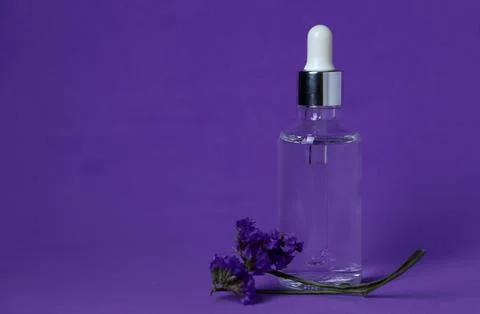 Clear dropper bottle with liquid next to purple flowers on simple background Foto stock