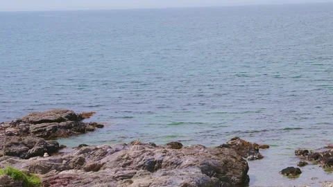Clear emerald sea with a black kite flying from rocky coast in Oita Vídeos de archivo 337073164