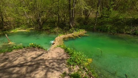 Clear emerald water flows through forested banks. Balkan, Eastern Europe, POV Video stock 333589003