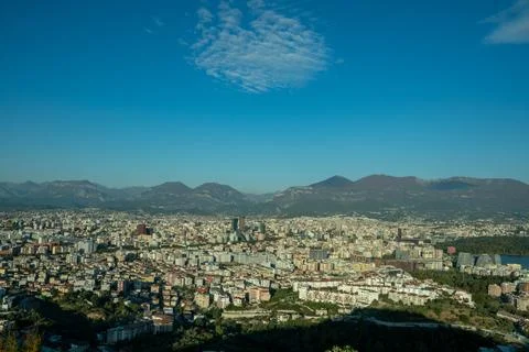 A clear, expansive high-angle panorama of the Tirana cityscape stretching out Stock Photos
