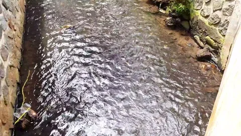 Clear fast moving water flows through stone channel natural motion footage Video stock 329838172