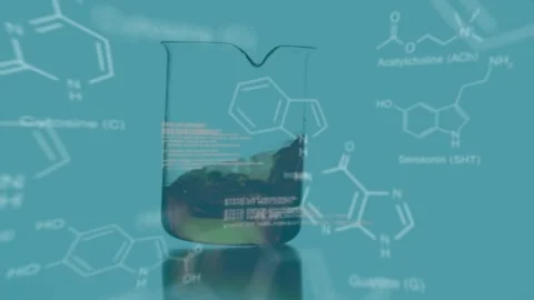 Clear glass beaker central, code overlay shifting, liquid sloshing between Stock Footage 330444413