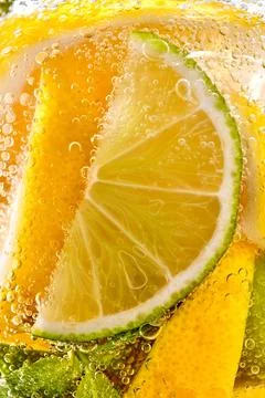 In a clear glass mint leaf, slices of lime and lemon with bubbles. Macro ph.. Stock Photos
