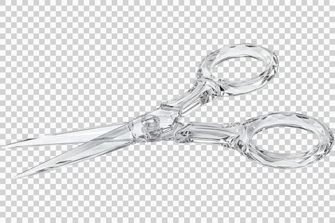 Clear glass scissors on transparent background with reflections and highlight Stock Illustration