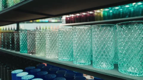 Clear glasses with grid patterns at glassmaking plant Stock Footage 304225239