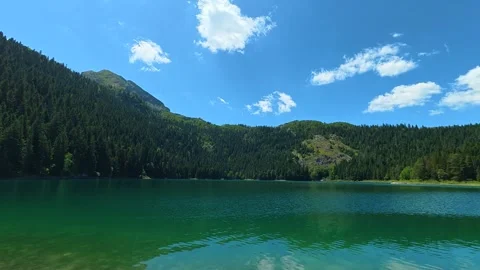 Clear green waters calm beneath forested peaks. Black Lake, Montenegro Stockbeeldmateriaal 342972464
