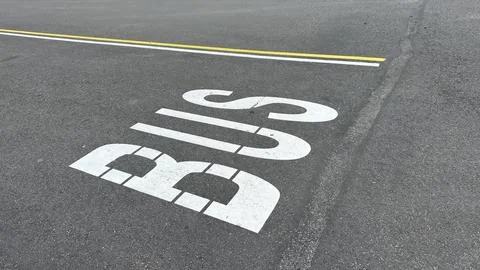 A clear, high-angle shot of the word "BUS" painted in white on a gray asphalt Stock Photos