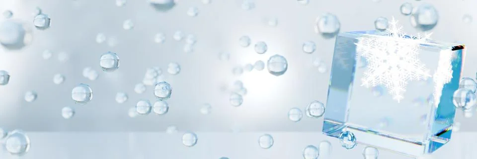 A clear ice cube with snowflake surrounded by bubbles Illustrazione stock