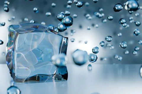 A clear ice cube surrounded by bubbles, creating a refreshing visual effect Illustrazione stock
