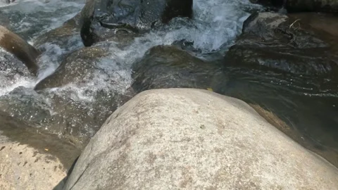 The clear mountain river flows rapidly through a rocky cascade Stock Footage 321265679