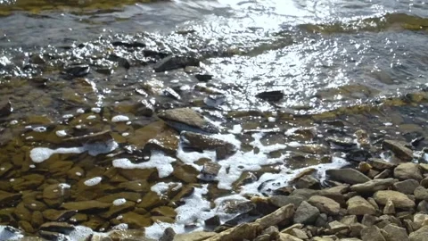 Clear Mountain River Water Flowing Over Brown Stones in Southern Urals, Russia Stock Footage 325349033
