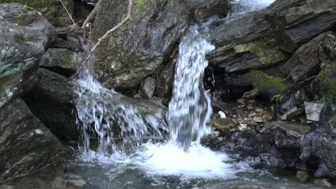 Clear mountain spring water flowing over mossy rocks in a peaceful forest stream Stock-Footage 347052806