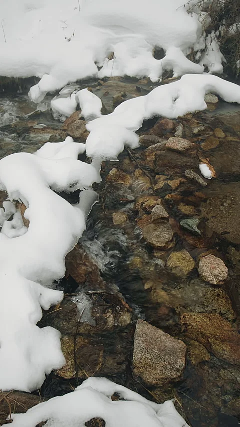 Clear mountain stream flowing over rocks in winter snow Vídeo Stock 328927620