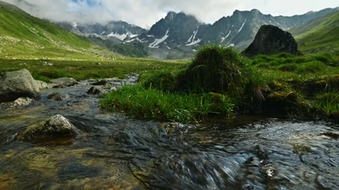 Clear mountain stream flowing through alpine valley Stock Footage 345384347