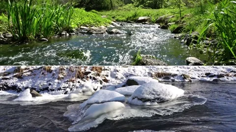 Clear Mountain Stream in Summer and Winter - Split Screen Stock Footage 148766007