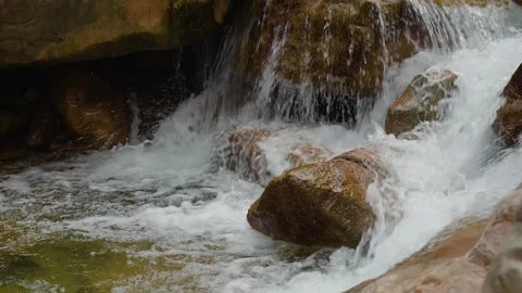 Clear mountain stream water flowing over smooth rocks in a serene natural forest Stock Footage 342310413