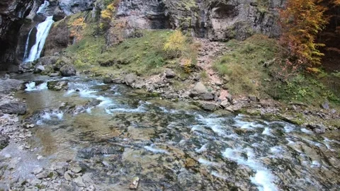 Clear Mountain Stream with Waterfall in Autumn Canyon Stock Footage 344056975