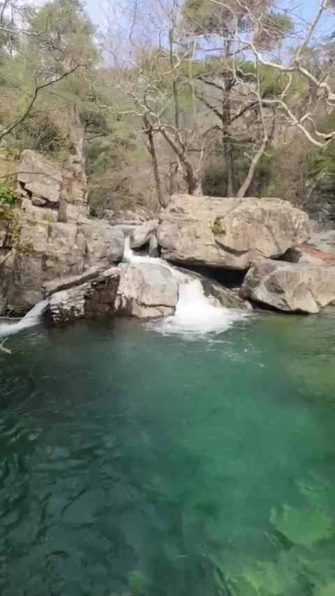 Clear Mountain Stream Waterfall Pool Rocks and Trees Nature Loop Stock Footage 335639039