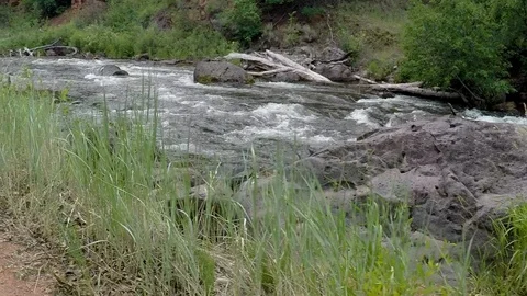 Clear mountain water flows down the river, a path wanders along the riverbank. Stockbeeldmateriaal 93519065