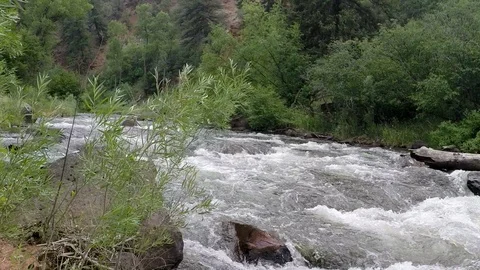 Clear mountain water flows down the river, a path wanders along the riverbank. Stock Footage 93534525