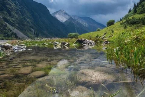 Clear mountain water stream reflecting dramatic sky in Bayankol Gorge, Kazakh Stock Photos