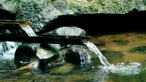 Clear Natural Water flows through the Bamboo in the river Stock-Footage 254014084