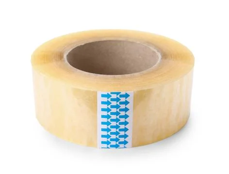 Clear packaging tape roll with blue arrows for shipping and moving, isolated  Stock Photos