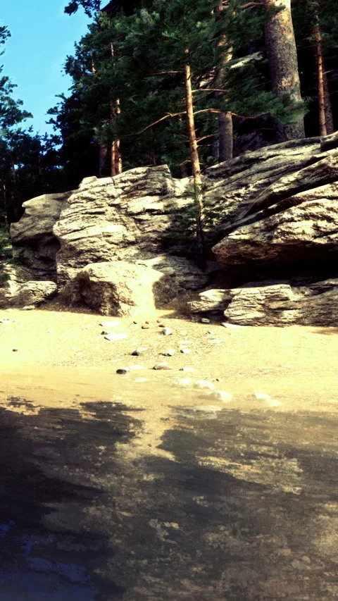A clear path winds through large rocks and trees by a body of water Stock Footage 331766981