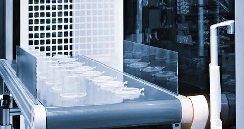 Clear plastic containers move steadily along a blue conveyor belt. Industrial Stock Photos