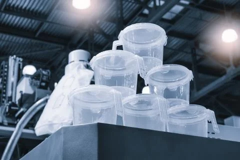 Clear plastic containers sit on a machine platform. Industrial lighting casts Stock Photos