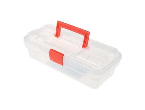 Clear plastic organizer box with red handle isolated on white background Stock Photos