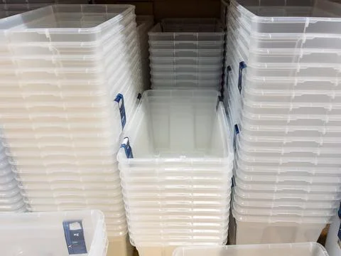 Clear Plastic Storage Bins Stacked for Organizing Spaces Stock Photos