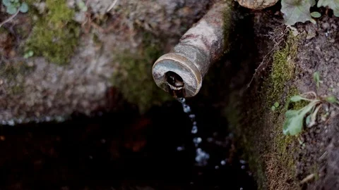 Clear potable raw water source. Spring water chute, pure mineral water gutter. Stock Footage 117153890