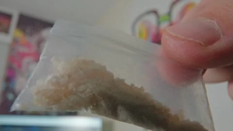 Clear pouch holding MDMA, often recognized as molly or ecstasy, showcasing Stock Footage 262048452
