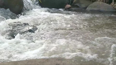 Clear river current rushing gently around large rocks in peaceful rural creek Stock Footage 340457737