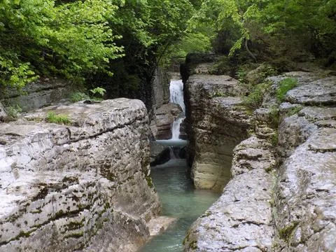 A clear river flows in the canyon, between the stones Foto stock