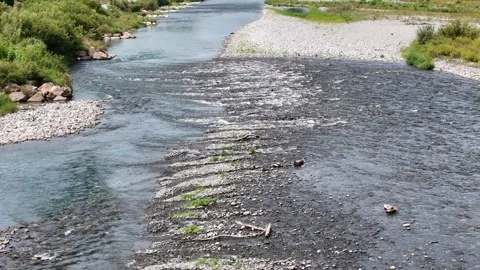 Clear river flows through rocky bed with green banks 库存影片 343251309