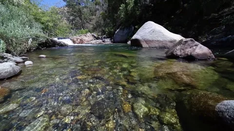 Clear River Water Flow Over Colorful Stones With Sunlight Reflection Statio.. Stock Footage 339816271