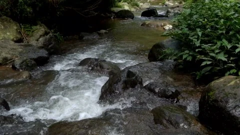 Clear river water flowing through rocks Stockbeeldmateriaal 297634979