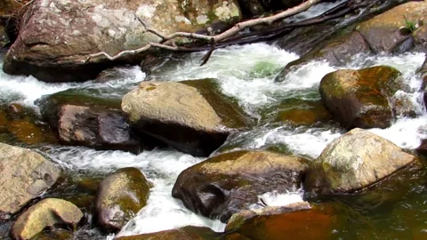 Clear river waters flow from the mountains to form small waterfalls between.. Stock Footage 280321766