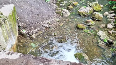 Clear Rocky Stream Flowing Beside Weathered Concrete Structure Stock Footage 337528372