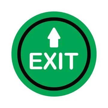 Clear round green exit sign with an upward arrow, ideal for emergency route.. Ilustración de archivo