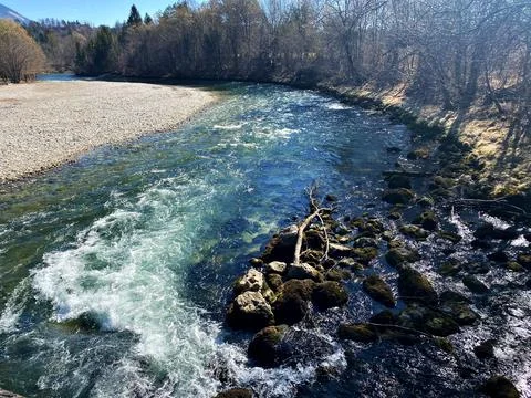Clear Sava River Flowing Through Rocky Banks Stock Photos