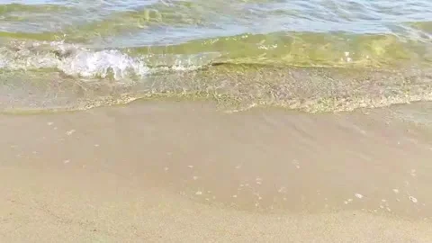 Clear Sea Waves Gentle Lap on Golden Sand Beach Close Up Coastal Background Stock Footage 345528964