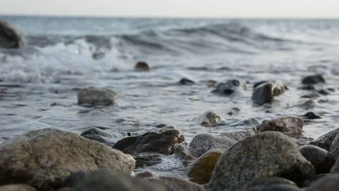 Clear Sea Waves over pebbles  Beach. Holiday Background close up, selective focu Video stock 96467757