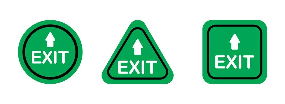 Clear set of green exit signs with an upward arrow, ideal for emergency rou.. Ilustración de archivo