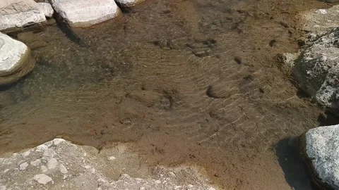 Clear shallow river pool with gentle surface ripples over a sandy riverbed Vidéo 342964800